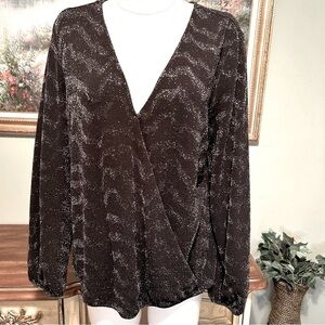 INC Black & Silver Metallic Shimmer Cross Over Front Wrap Top Blouse